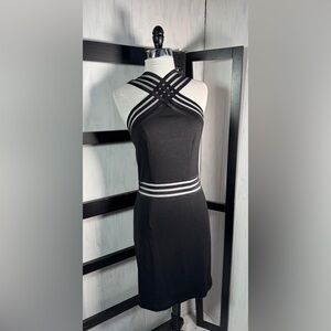 Sisley Black Strap-Cross Halter Dress with Accent sheer Stripes, size XS, mint